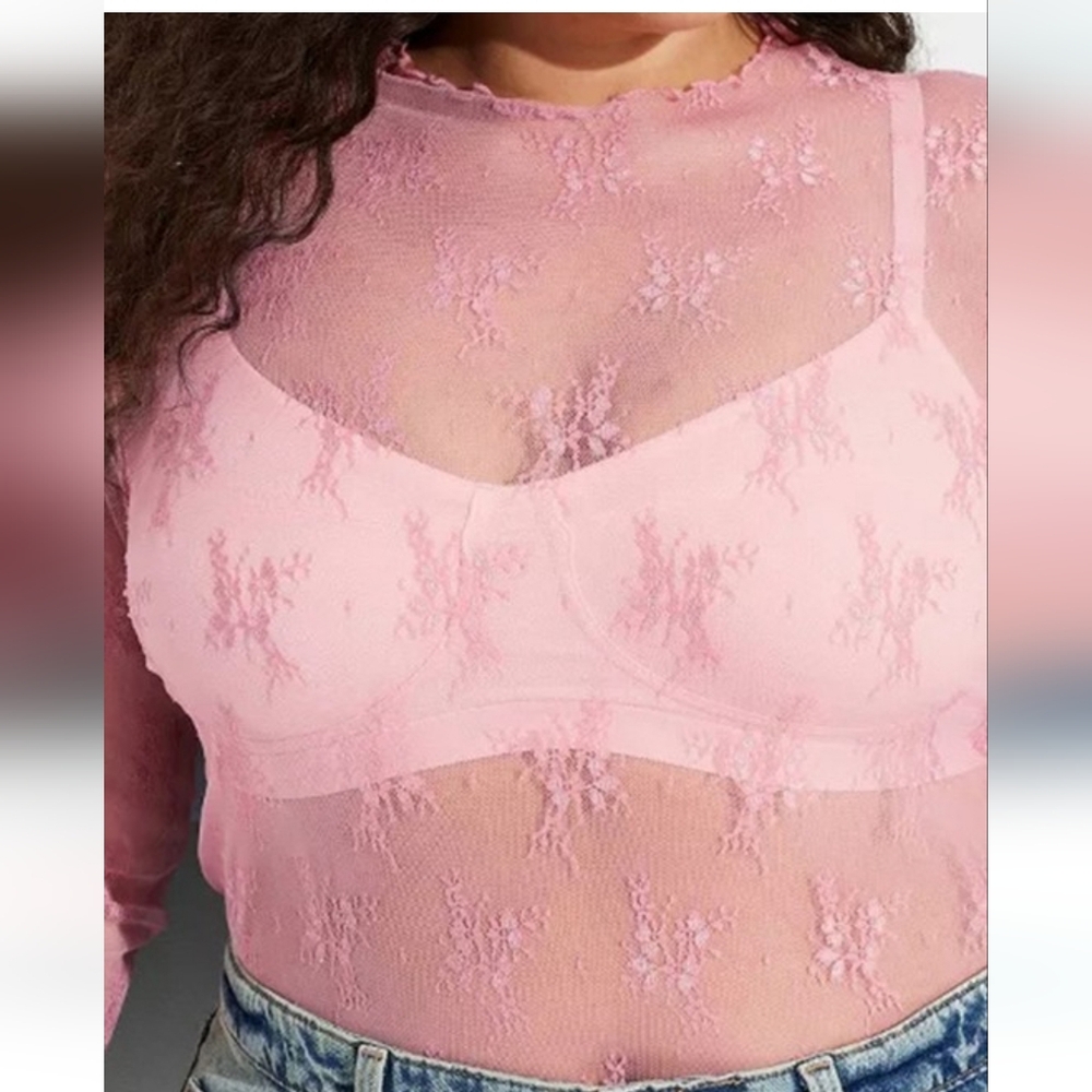 Sheer Lace Mesh Layering Top Pink
